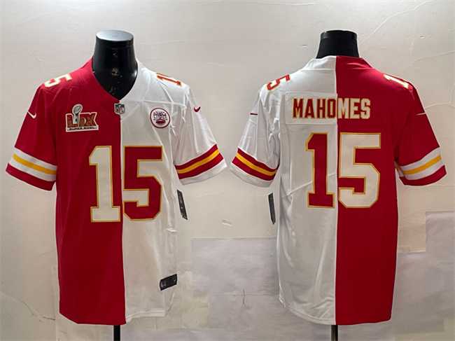 Men's Kansas City Chiefs #15 Patrick Mahomes Red & White Split 2025 Super Bowl LIX Patch Vapor Limited Stitched Jersey,We sell and wholesale Men's Kansas City Chiefs #15 Patrick Mahomes Red & White Split 2025 Super Bowl LIX Patch Vapor Limited Stitched Jersey on line form chian!